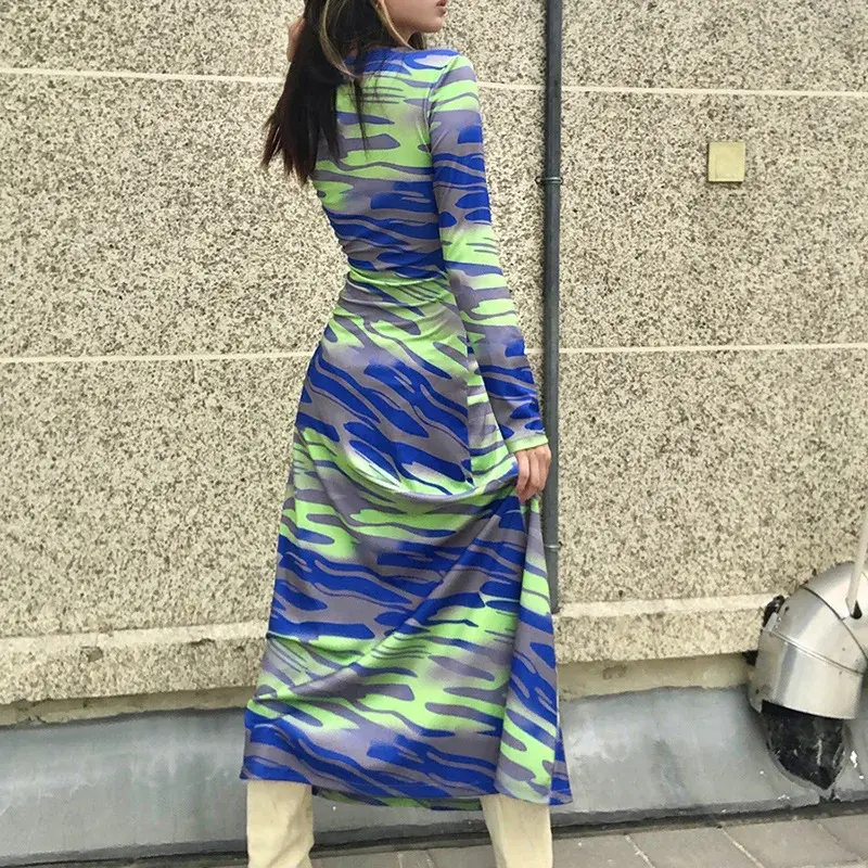Falda de tubo de manga larga con cuello redondo para mujer, vestido estampado ajustado a la cadera, tendencia de moda de otoño, 2021