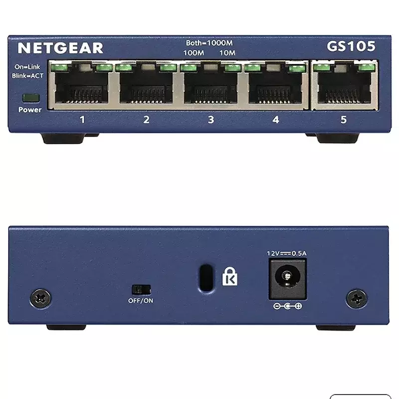 Коммутатор Netgear GS105 гигабитный, 5 портов, 10/100/1000 Гбит/с, полоса пропускания 10 Гбит/с