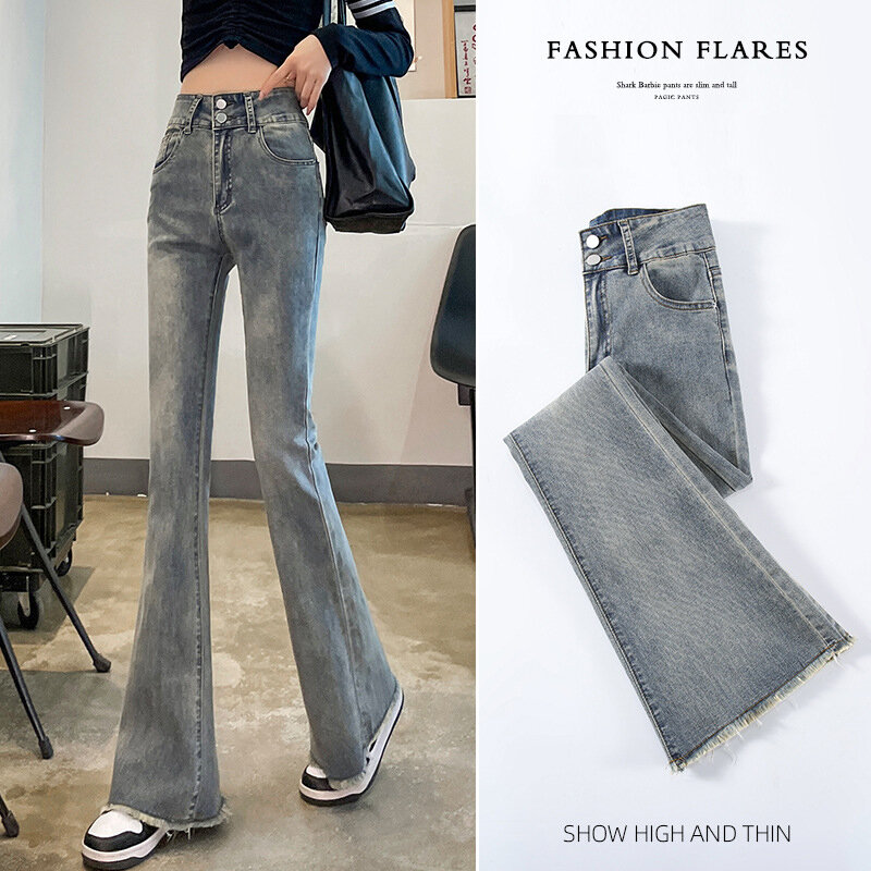 Синие слегка расклешенные джинсы в стиле ретро с завышенной талией, женские эластичные узкие прямые расклешенные джинсовые брюки, винтажные женские джинсы