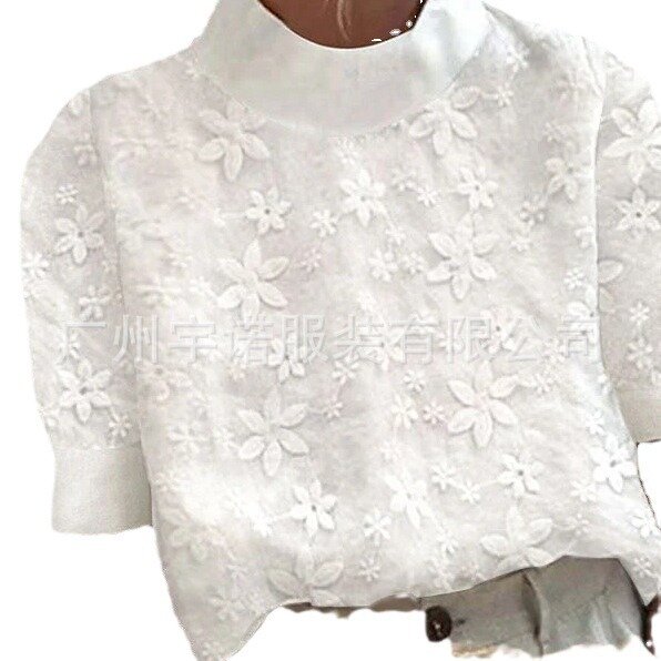 2024 Cotton Linen Lace Patchwork Women Shirts Summer New Elegant White Half Sleeve Loose Casual Streetwear Basic Tops Blouses