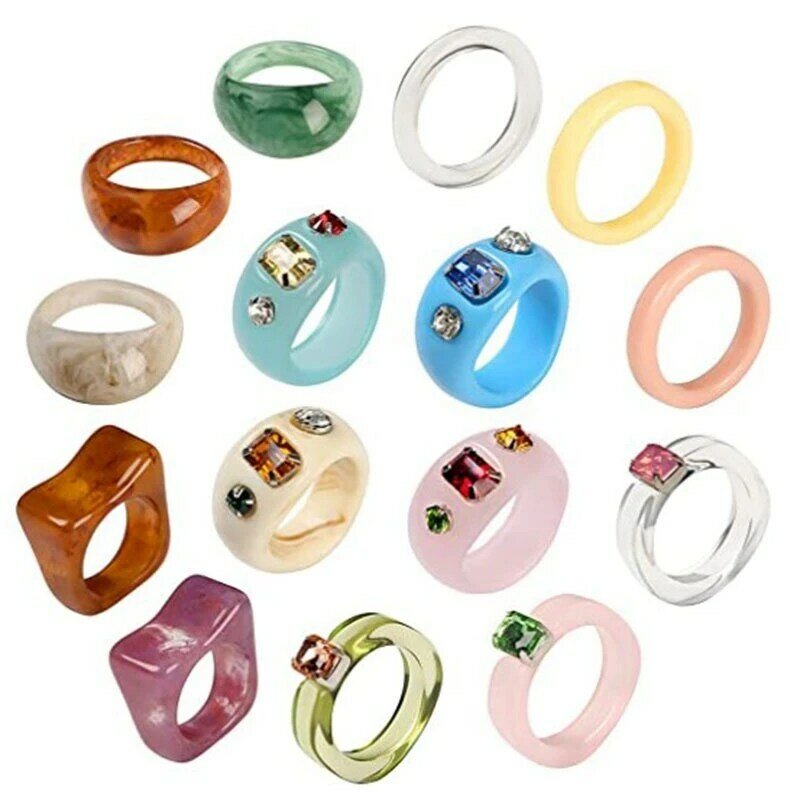 Anéis de resina acrílica com strass colorido, jóias na moda, plástico quadrado jóia, anel robusto empilhável, varejo, 15 PCs