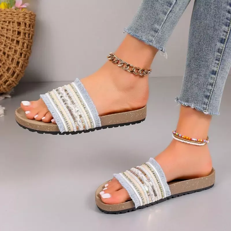 2024 Women's Summer New Fashion Round Toe Sequin Cloth Designer Flat Comfort Slippers Outdoor Casual Women Shallow Mouth Slipper