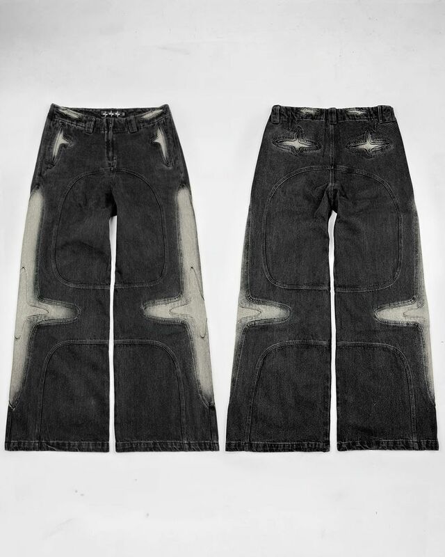 Jeans casual retrô angustiado feminino, Y2K Harajuku, cintura alta, reto, perna larga, hip-hop, rua, tendência gótica, moda, 2024