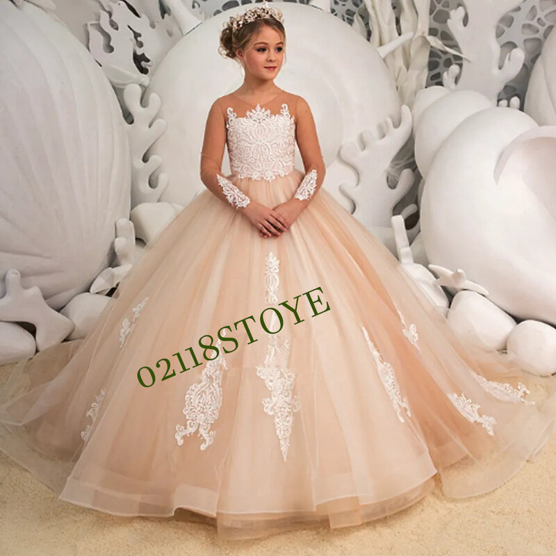 Flower Girl Dresses Appliqué long Sleeves Wedding Butterfly Princess Lace Appliqued First Communion Customize Gown