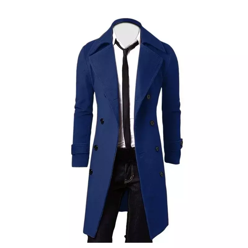 Męski dwurzędowy trencz 2023 zimowy nowy mieszanka wełny wysokiej jakości moda Casual Slim Fit jednolity kolor kurtka