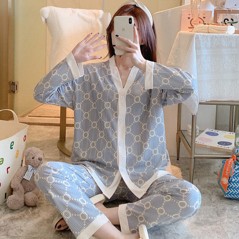 2 peças femininas pijamas conjunto 100% algodão pijamas impressão pijamas feminino homewear macio sleepwear manga longa lapela camisa calças terno