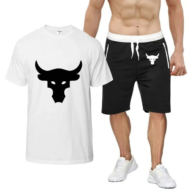 Dwayne Johnson-Conjunto de calça moletom e gola redonda solta masculina, logotipo estampado para tatuagem Brahma Bull, moda esportiva fitness manga curta, verão, 2024