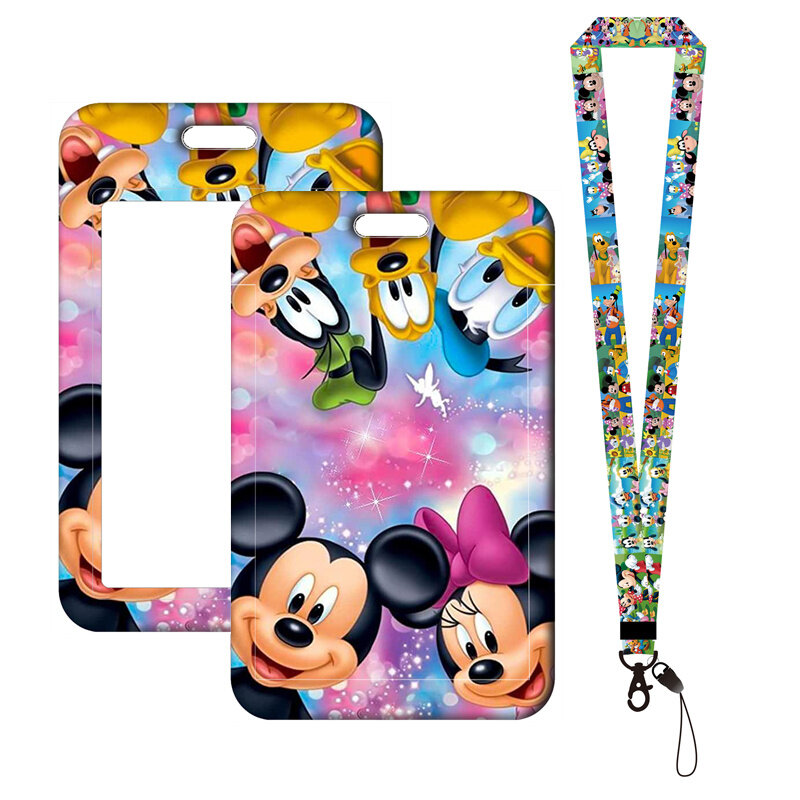 Disney Stitch pemegang kartu Mickey lanyard pemegang kartu Minnie tali leher untuk gantungan kunci pintu anak pemegang kartu anak laki-laki perempuan