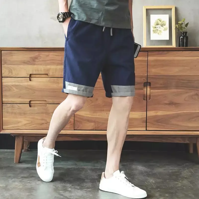 Mens Cargo Shorts Black Bermuda Short Pants for Men Spliced with Pockets Draw String Big and Tall Streetwear Baggy Elastic Waist