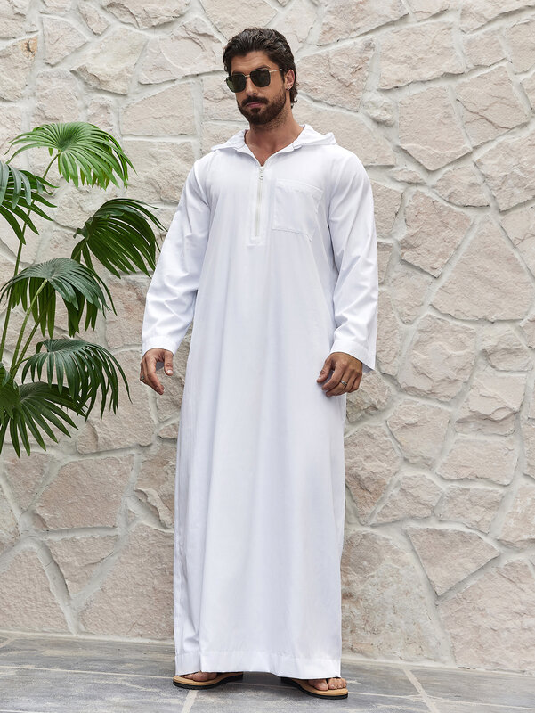 ラマダン-メンズ無垢のフード付きイスラム教徒のドレス、長いガウン、イスラムのシャツ、中間の楕円形のファッションabaya、男性の服