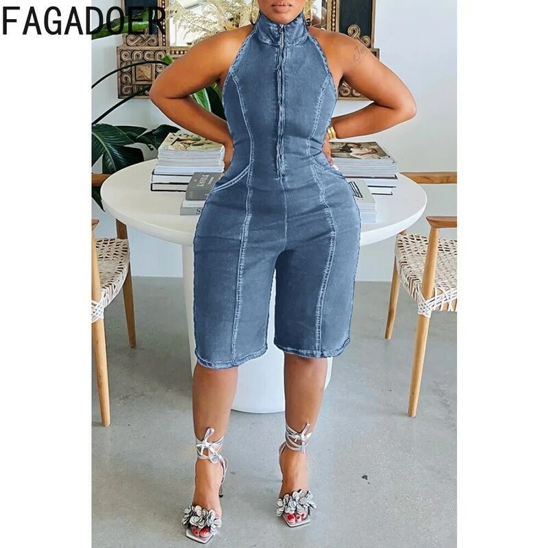 Fagadoer เสื้อยีนส์มีซิปแบบมีสายคล้องคอเปิดหลังแขนกุดทรงตรงสไตล์คาวบอยสำหรับผู้หญิงชุดสตรีทแวร์สีพื้น