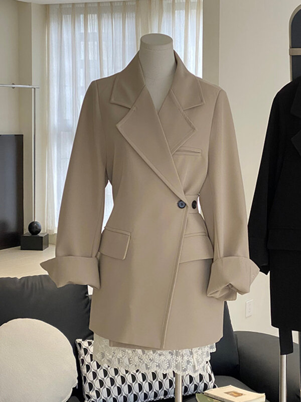 LANMREM-Chaqueta asimétrica de cintura fruncida para mujer, chaqueta lisa de manga larga para oficina, a la moda, novedad de primavera 2024, 26D8947
