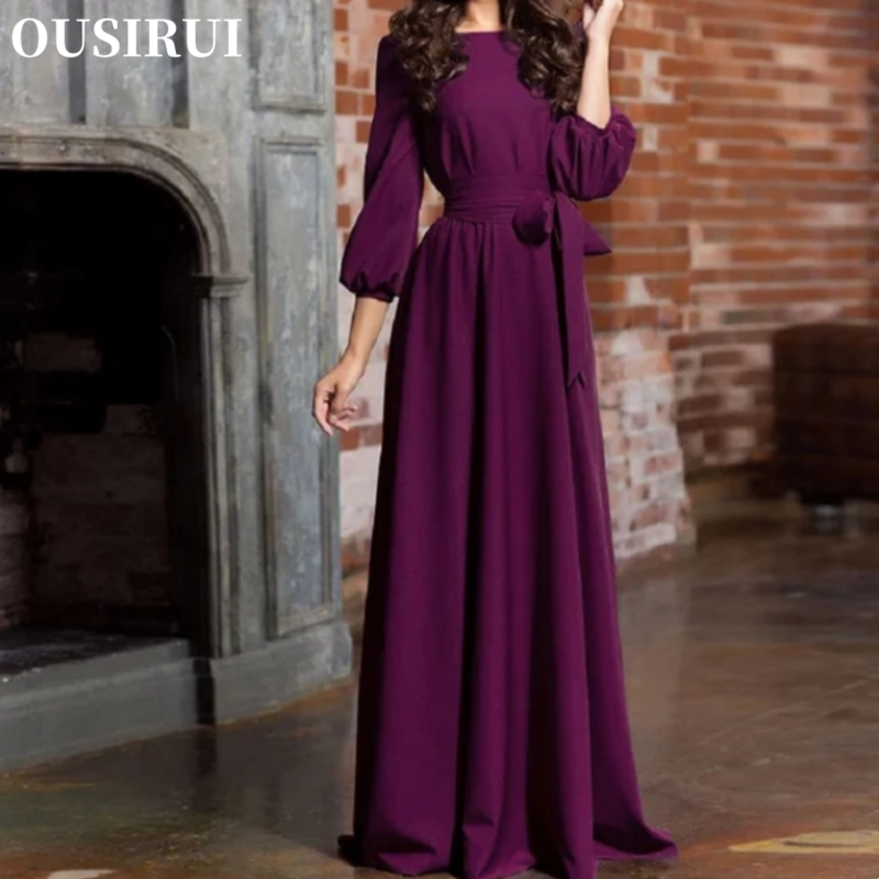 OUSIRUI 2024 Women Lantern Sleeve Long Party Dresses Autumn Elegant Vintage Bow Tie Maxi Dress Floor-Length Dress Robe De Soiree