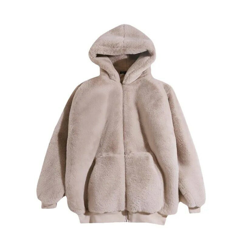 ポケット付きの女性用フェイクファーフード付きコート、フルスリーブジャケット、厚手の暖かいアウターウェア、単色、ミッドレングス、スプライス、韓国、冬、2024