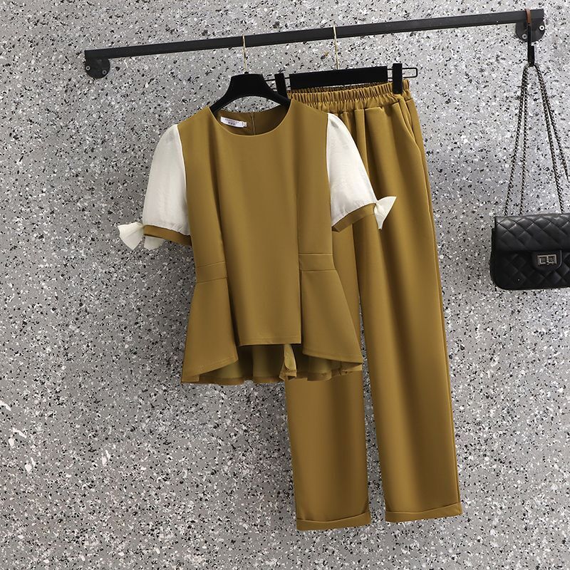 Винтажная Лоскутная шифоновая рубашка с коротким рукавом, повседневные брюки-карандаш, элегантный женский комплект из двух предметов, летняя одежда