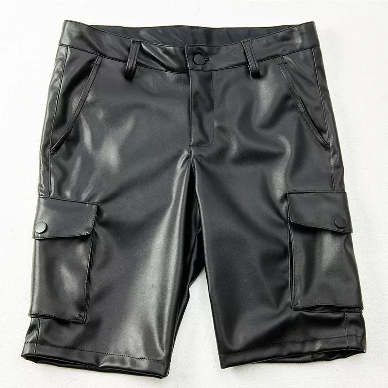 Heren Faux Lederen Motorfiets Biker Shorts Stretch Pu Cargo Broek Met Zak Casual Fit Straight Hotpants Clubwear Custom New