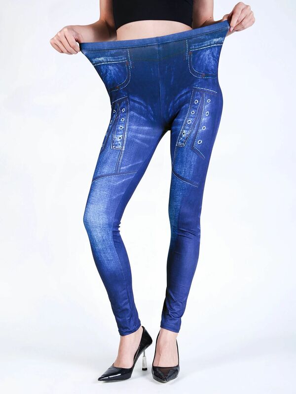 INDJXND niebieskie szczotkowane sztuczne dżinsy Sexy legginsy damskie w stylu Vintage wysoki stan obcisłe bezszwowe spodnie ołówkowe z nadrukiem