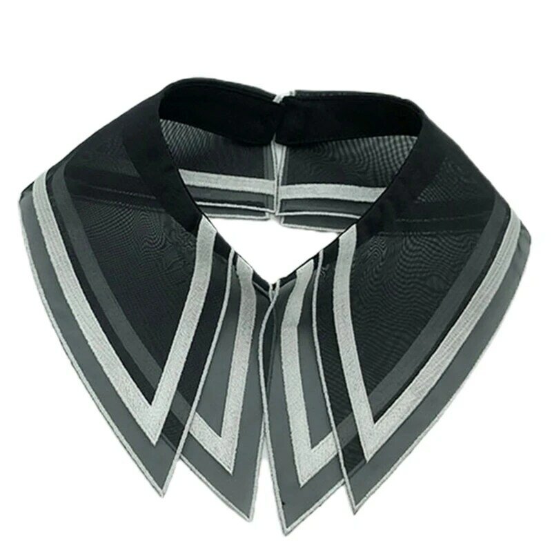 Women Elegant Double Layer Organza Fake Collar Striped Print Triangular Pointed Lapel Choker Necklace Pearl Button Dickey N7YD