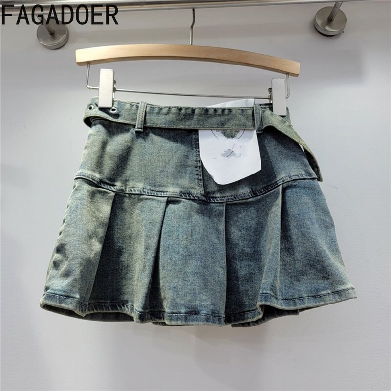 FAGADOER-Mini saias jeans plissadas para mulheres, cintura alta, bolso de botão, fundo retrô de cowboy, moda feminina, novo verão, Y2K