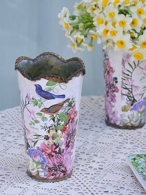 Волнистая кружевная ваза с цветочным принтом, металлическое ведро для украшения, в стиле ретро, Оригинальная ваза, украшение для дома и рабочего стола