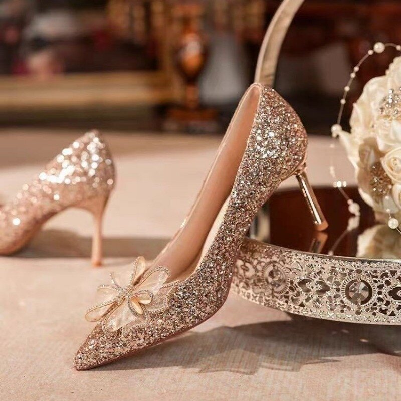 Sepatu hak tinggi berpayet untuk wanita 2024baru sepatu hak tinggi wanita hak tinggi Stiletto dasi kupu-kupu pesta pernikahan wanita seksi