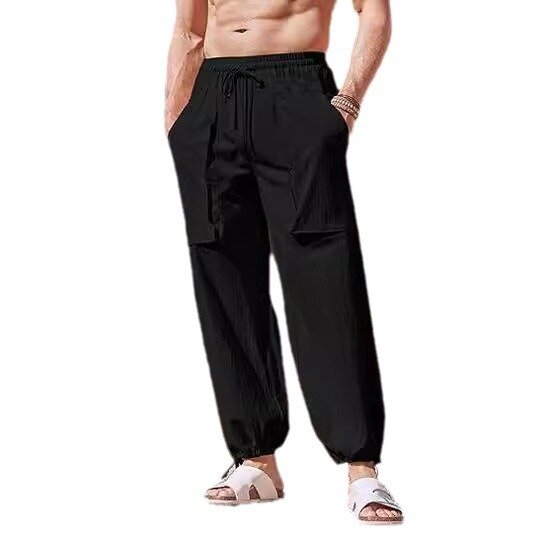 2024 men's new casual fashion tooling multi-pocket plus size casual pants cotton and linen loose drawstring leg pants