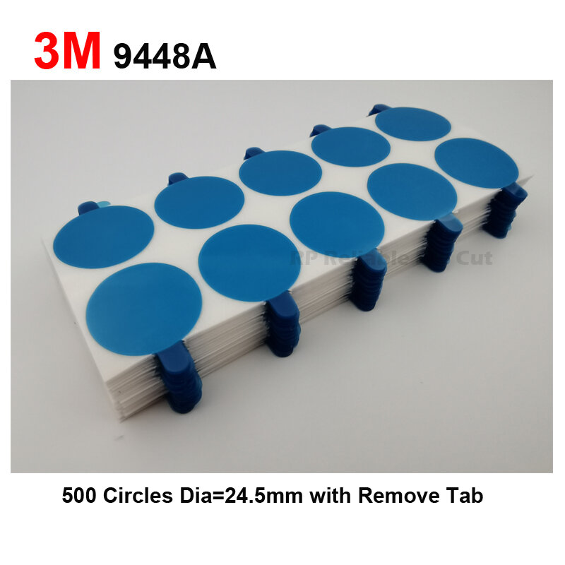 Adesivo de tecido adesivo dupla face, Forro do círculo com barra do punho, Blue Remove Tab, Branco, Redondo, 3M9448, 24,5mm, 500 Círculos