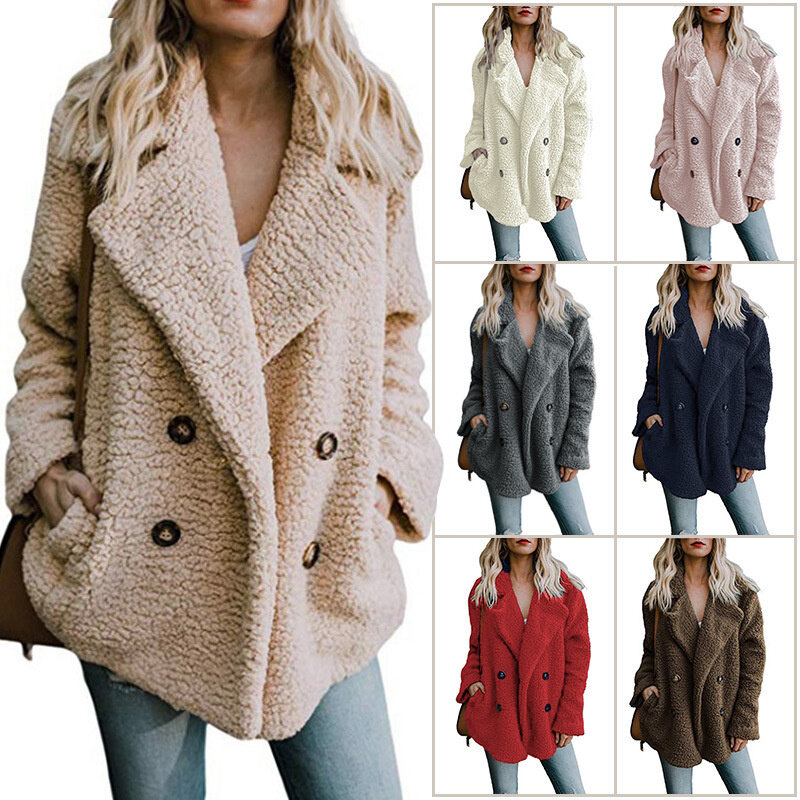 Осенне-зимняя женская одежда с лацканами, двубортное свободное плюшевое пальто из ягненка, кашемировое пальто для женщин