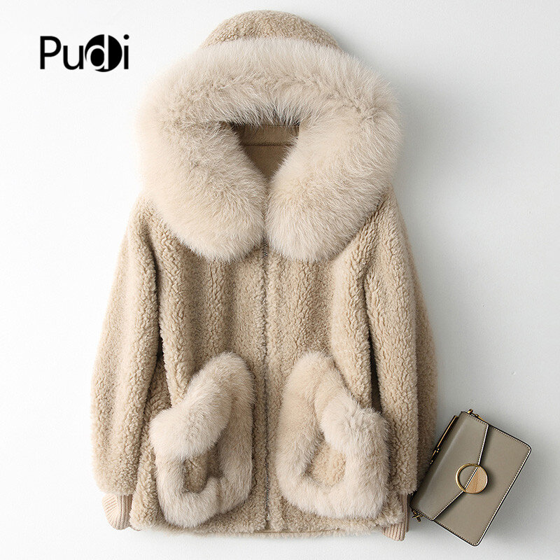 Pudi a18103-女性用ウールウィンターコート,暖かい本物のキツネの毛皮のフード付きコート,長いウールの裏地,オーバーコート
