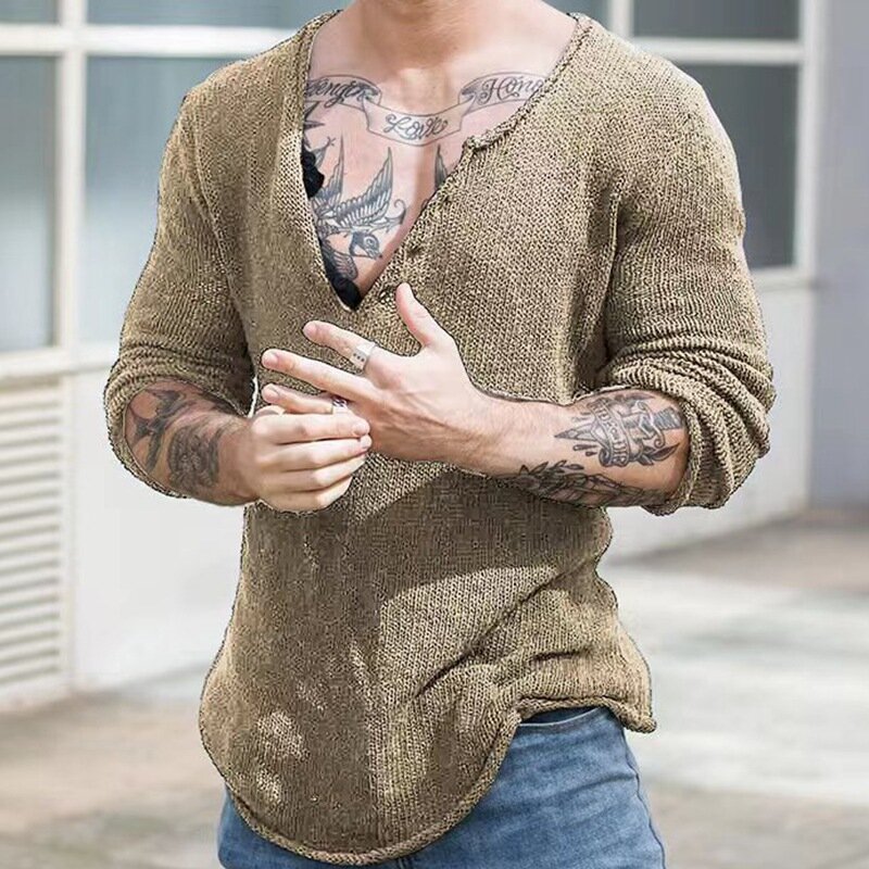 Men V Neck Streetwear Solid Basic Top Casual Loose Male Spring and Autumn Pullovers Simplicity Slim Fit Long Sleeve Thin Sweater