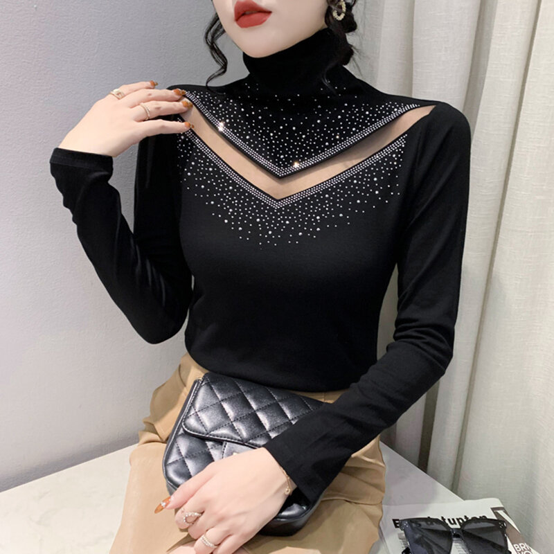 2024 Spring Autumn New Women's Tops Shirt Fashion Casual Turtleneck Long Sleeve Hollow Out Hot Drilling Mesh T-Shirt M-3XL