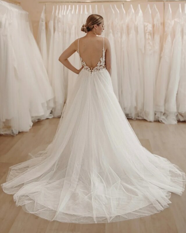 Vestido de novia de encaje fino con espalda descubierta, corte en A, color marfil, talla grande, ZJ022, 2023