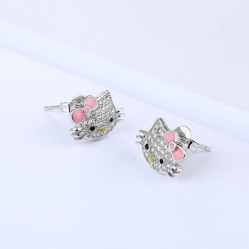 Hello Kitty Simple, Sweet and Cute Kt Alloy Stud Earrings, Kawaii Sanrioed Epoxy And Diamond Earring Jewelry Toys For Girls Gift