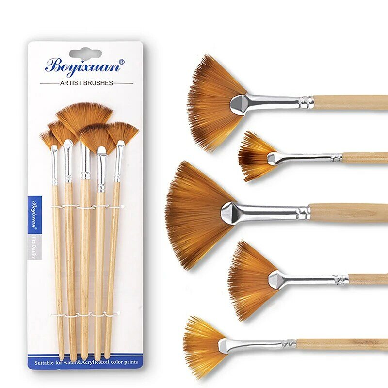 5 Wooden Eco-friendly Two-color Nylon Hair Student DIY Painting Sets Gouache Oil Painting Fan Pens
