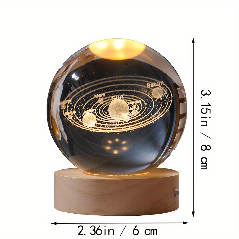 Bola de cristal 3D de 6cm, luz LED nocturna cálida, Sistema Solar grabado con láser, globo, universo, regalo de cumpleaños, Base de madera