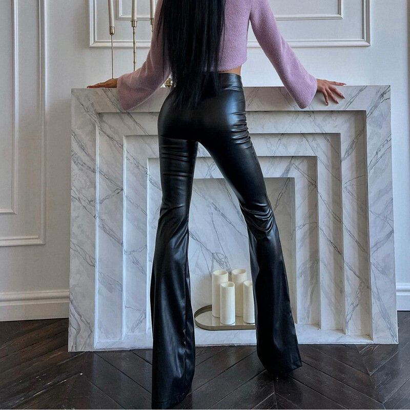 Skórzane spodnie Flare damskie 2023 jesienno-zimowe nowe czarne błyszczące spodnie z wysokim stanem do klubu na imprezę Streetwear