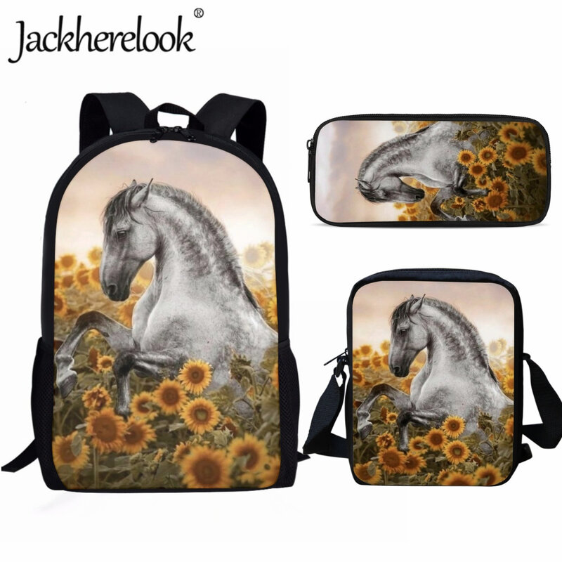 Jackherelook Tas Sekolah Anak-anak Gambar Kuda Matahari Set Tas Buku Kasual Fashion Tas Laptop Kuliah Ransel Perjalanan Anak Laki-laki Perempuan