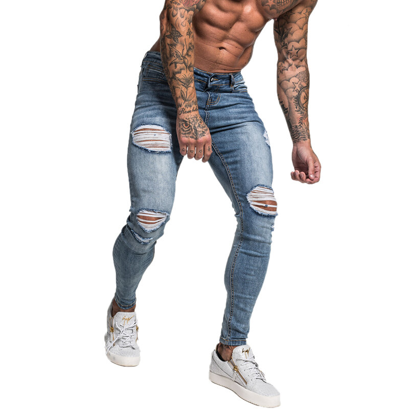 Джинсы мужские узкие джинсы GINGTTO, модель 2020 года, Стрейчевые рваные брюки, уличная одежда, мужские джинсы синего цвета
