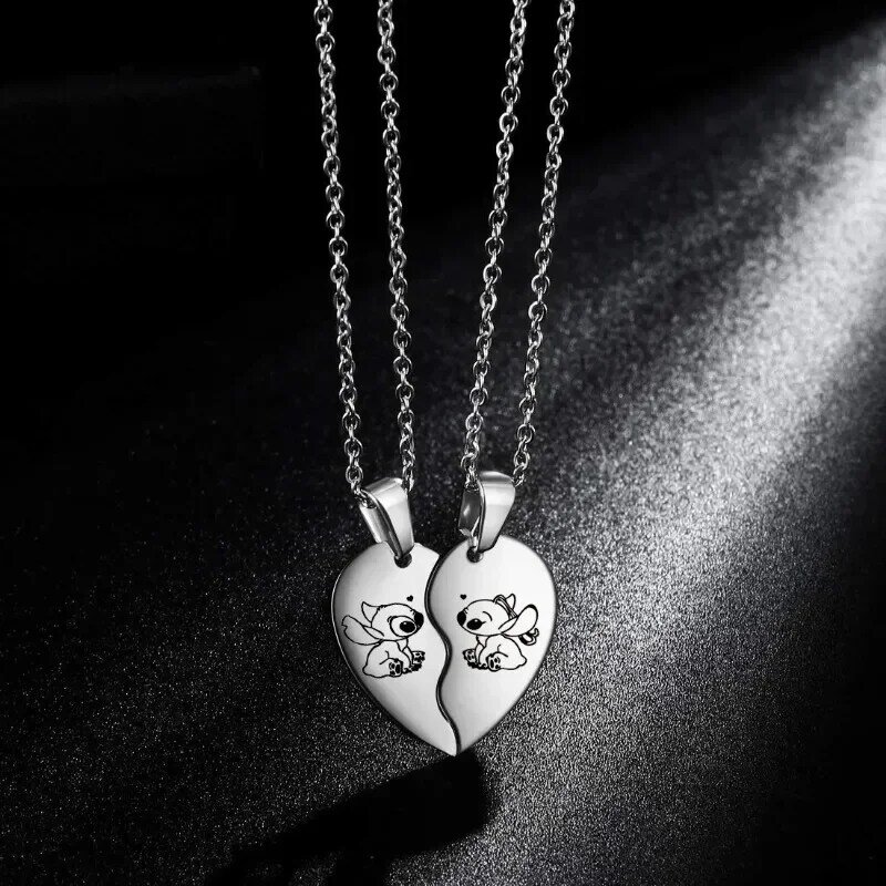NEW HOT Disney Lilo & Stitch naszyjnik ze stali nierdzewnej śliczna figura ścieg serce wisiorek łańcuszek na szyję biżuteria dla zakochanych prezenty