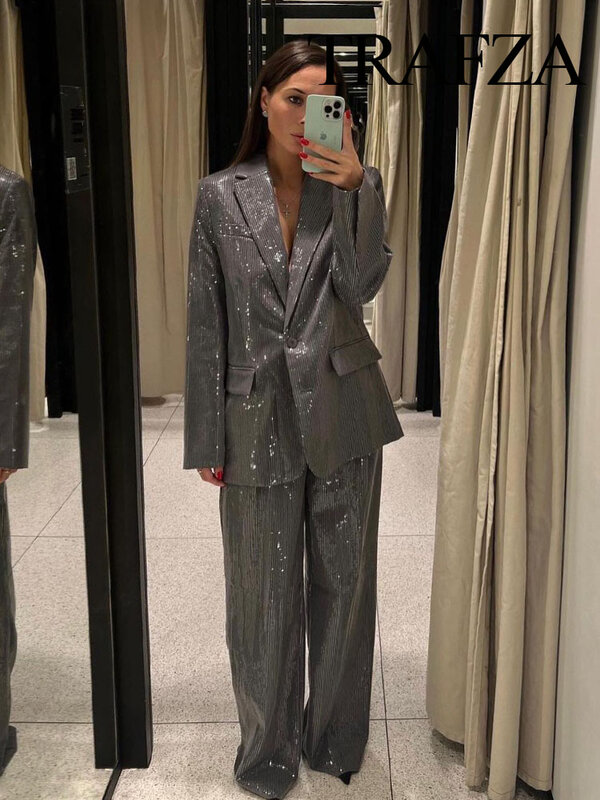 TRAFZA Women 2 Piece Suit Long Sleeves Lapel Pocket Sequins Decorate Single Breasted Blazers+High Waist Zipper Side Pockets Pant