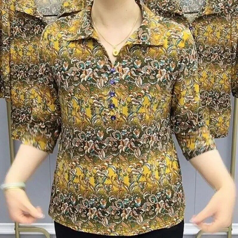 Summer Women's 2024 New Blouses Splicing Pullover Turndown Collar Button Print Fashion Loose Elegant Casual Half Sleeve Shirts