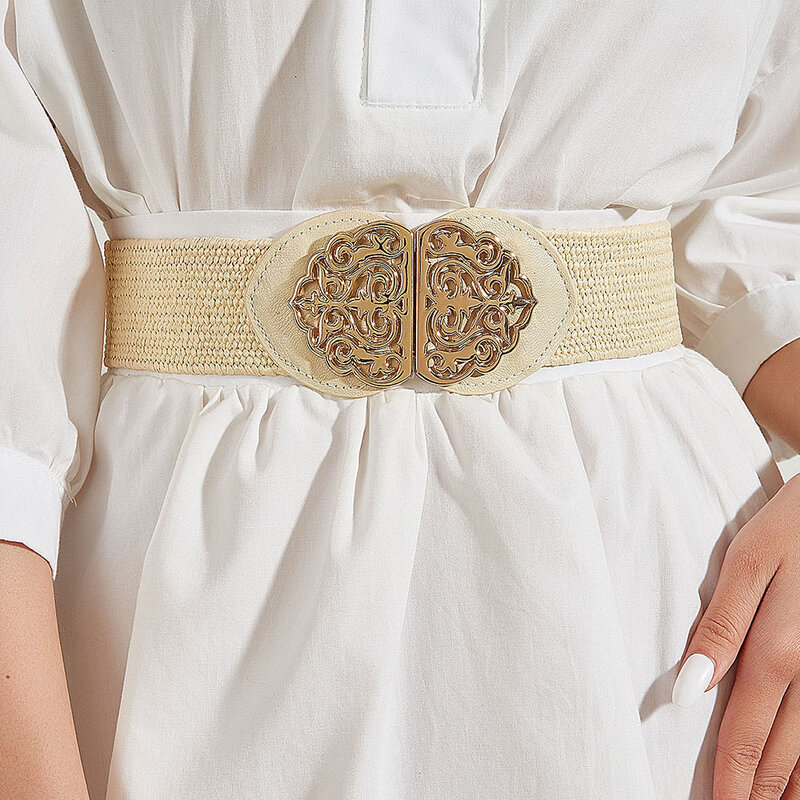 Ремень в богемном стиле для женщин, эластичный плетеный пояс из полипропилена с травой на шнуровке, широкий пояс-корсет из соломы, украшение для платья