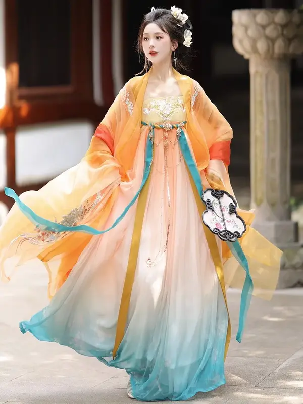Yilinfang 5Pc Set Tang Dynastie Oranje Borduurwerk Hanfu Vrouwen Elegante Oude Chinese Borst-Rok Fee Jurk Chinese Kleding