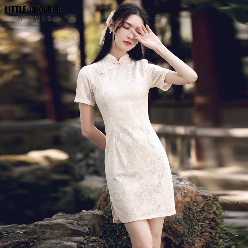 Improved Qipao Summer Chinese Style Women's Wear Bone Cheongsam Etching Vintage Elegant Young Girl Mid length Temperament Dress