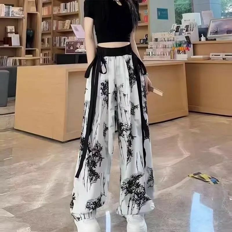 Женский костюм из двух предметов, милая крутая футболка на молнии с коротким рукавом и широкие брюки с высокой талией в Корейском стиле, лето 2024