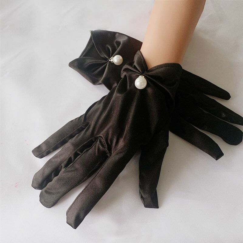 Trendy Anti-UV Lolita JK Satin For Girls Bridal Women Wedding Gloves Korean Driving Mittens Full Finger Gloves Pearl