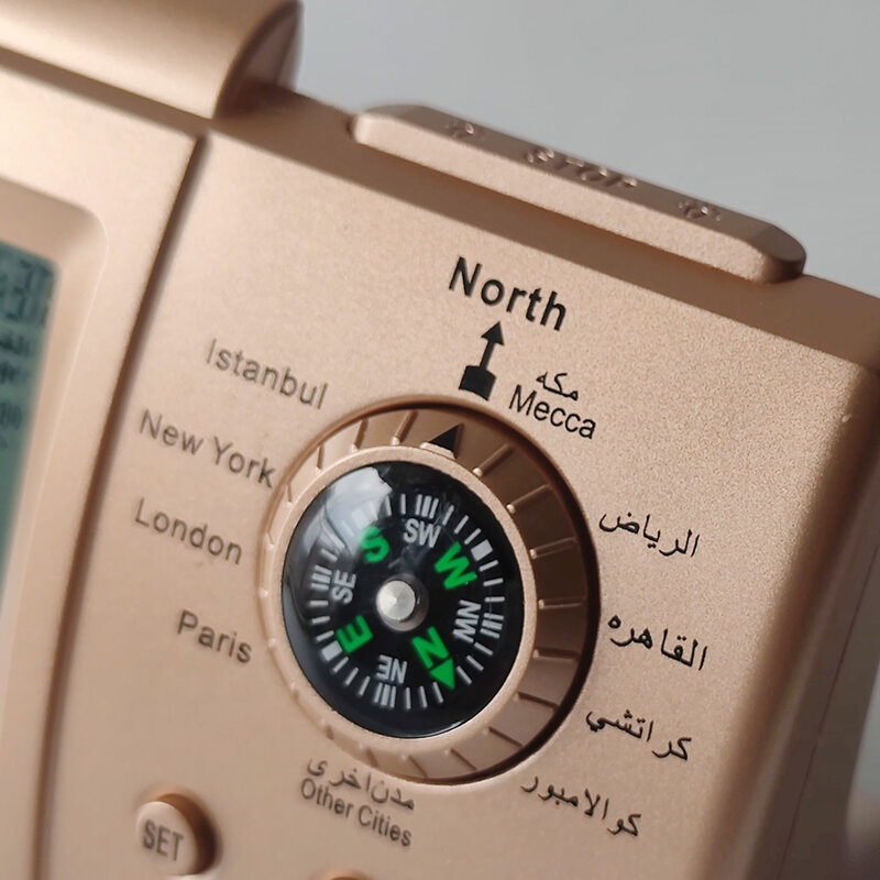 Muzułmański zegar z alarmem Adhan dla wszystkich miast islamski Azan czas na modlitwę z temperaturowym kierunkiem Qiblah i kalendarzem Hijir