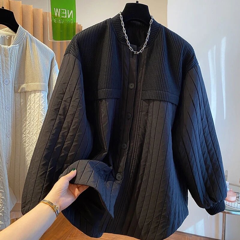Jaqueta acolchoada de algodão feminino, tops acolchoados de algodão, costura casual tricotada listrada, relaxada, design de alta qualidade, outono, inverno