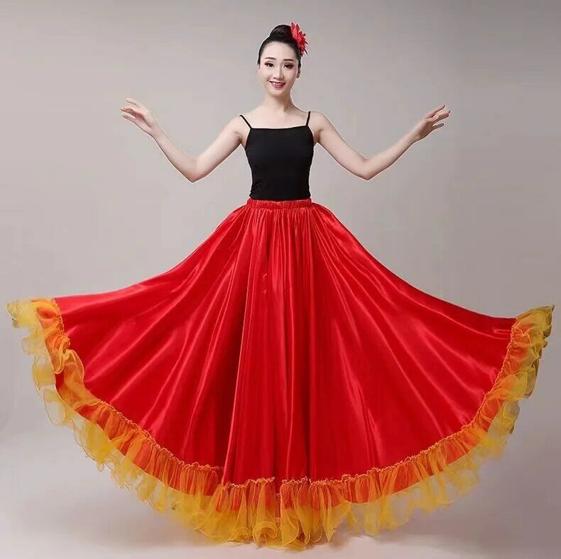 Jupe de flamenco espagnol pour femme gitane, satin polyester lisse, grande balançoire, fête de carnaval, salle de Rh, olympiques de danse du ventre, robe