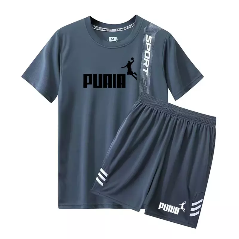 2024 summer Men's trendy sports set, fashionable printed short sleeved T-shirt and shorts, two-piece summer running set